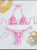 Swimwear femminile 2024 Woman Halter Tie Side Smocked Bikini 2 pezzi Studi da bagno Floral High Waist Set Push Up Triangle Bathing Abit