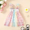 Mädchenkleider Kleinkind Kid Girls Kleid Blume verschönerte Bowknot Fly Sleeve Bunte lässige Kleid Sommer Mode Prinzessin Dressl2405