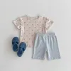 Pyjamas 2024 New Kids Pyjama Set Korean Style Heart Tee and Stripe Pants 2 PCS Sleep Wear Girls Sleep Set H240509