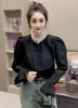 Women's Blouses Franse stijl Stand Kraag kralen Chiffon lange mouwen shirt voor vrouwen 2024 Spring Herfst Court Bell Sleeve top