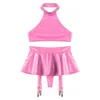 Röcke Damen Dessous Patent Leder O Ring Halfter Rückenless Crop Top mit eingebauten Tanga Rüschen Minirirt Party Pole Dancing Clubwear
