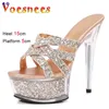 15 cm Sandales à paillettes plates-formes de cristal Party Chaussures pour femmes Summer Gladiator Nightclub Slippers Models High Heels 240506