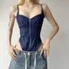 Kläder för kvinnor mode retro skarv sexig grimma backless låg bröstkorg Slim blå denim bodysuits toppar 240420