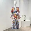 Casual Dresses 2024 Lady Clothing Silk White And Blue Porcelain Flowers Print Long Sleeve Diamonds Pressed V-Neck Women Midi Dress