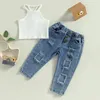 Kledingsets Wallarenear 0-6 jaar Kids Girls 2pcs Modebroek Set Mouwloze Camisole Elastische taille Gescheurde jeans zomeroutfit