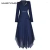 Arbetsklänningar Maryyimei modedesigner set höstkvinnor långärmad pärldräkt toppar mesh asymmetrisk kjol tvådel