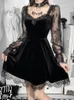 Casual Dresses 2024 Retro Gothic Black Mini Dress Lace Trim High Waist Bodycon Y2K Grunge Women 90s Vintage Punk Harajuku Lolita Clothes