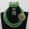 Halskette Ohrringe Set Zitronengrün afrikanischer Perlen Schmuck 2 Schichten Nigerianische Hochzeitskristall Kostümseil ABH156
