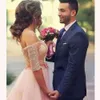 PROM OFF Różowe sukienki na ramię koronkowe zakładki aplikacje Kryształy 1/2 pół rękawów wieczorna imprezowa suknia długość podłogi formalne OCN noszenie vestidos