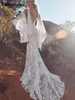 Bohemian Floral Lace V couche de mariée extérieur Robe de mariée détachée gaine creux modestes perles rustique robe nuptiale