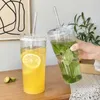 Tumblers 2 600 мл прямоугольные стеклянные чашки с крышкой и прозрачным питьем соломы, используемые для кофейного напитка для кофейного сока сока H240506