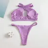 Swimwwear féminin Light Purple 2 pièces Swimsuit 2024 Bikini haute taille Femmes Sexy Hollow Out Halter Bathing Costume Summer Backless Beach