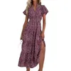 Abiti per feste Lady Dating Dress Floral Print V Neck Midi For Women A-Line Swing Style con maniche a bolle in vita alta vacanza estiva