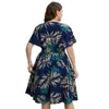 Sexy Vneck Plus Size Dress Elegant Leaf Print Maxi for Women Comfortable Summer with Elastic Outdoor 240430