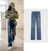 Jeans pour femmes décoration de chaîne de métal pour femmes hautes taille nostalgique bleu denim jean automne