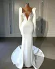 Eenvoudige trouwjurken Deep V Neck Pearls Mermaid Bridal Jurken Lange Mouw Sweep Train Custom Made Bruid Dress Vestidos de Novia