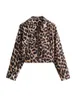 Damenjacken Gal 2024 Frühlingsfrauen Leopardendrucken Kurzjacke mit Taschen Schalten Sie Kragen Langarm Reißverschluss Reißverschluss