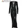 Robes décontractées Edglulu Deep V-Colk Manches longues 2024 Fashion High Taies Plats serrés robe divisée sexy Black Blue en cuir robe 0316