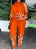 Plus maat 5xl vonda elegante dames pants sets 2024 zomer koude schouder 2 stks casual 3/4 mouw tops vintage gedrukte matching sets 240424