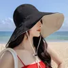 Szeroki brzeg UPF 50 Sun Hat Women Antiuv Ochrona piesza Fisherman Cap Fold Summer Solid Beach 2023 Dwustronna kapelusz 240430