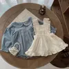 Kledingsets Nieuwe lente herfst baby meisje zoete set Peter pan kraag blauw geruit shirt beige ruch ruffel band jurk mode pasgeboren kleding H240507