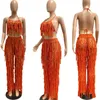 Calças de duas peças femininas Anjamanor Fringted Knit Crochet Duas peças Principais mulheres Top e calças S através de roupas de férias sexy de praia de praia 2023 D0-FI34 T240507