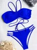 Women's Swimwear Push Up Bikini For Women 2024 Solid Blue Halter Pleate Criss Cross Micro Swimsuit Bathing Suit Hollow Out Thong Bikinis