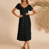 Robes décontractées en V col vintage plissée longue robe femme d'été à manches courtes à manches boutonnées élégantes midi boho solid