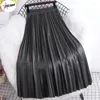 Skirts PULABO Faux Leather Women Maxi Skirt Y2k Autumn Winter Casual Solid PU A Line High Waist Pleated Long Female Ladies
