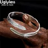 Bangle Uglyless Unisex Design Mens Heavy Silver Feather Armband Äkta 999 Pure Leaf Exotic Fashion Jewelry Q240506