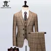 Ternos masculinos Blazers (jaqueta+colete+calça) S-5xl marrom retro retro plana mola e outono britânico conjunto de homens clássico de casamento 3pcs q240507