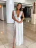 Urban Sexy Dresses Women Sexy Slveless Tassels Patchwork Maxi Dress Fashion V-Neck Backless Hollow Out Slim Dresses Summer Lady White Beach Robes T240510