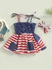 Girl's jurken 4 juli baby babymeisje ruches jurk print korte mouw ruches jumpsuits bodysuits outfit hoofdband h240507