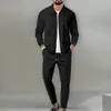 Lapel Slim Fitting Male coat Waffle zipper pocket Long Sleeved Sportswear man Cardigan jacket set Pants elegant Mens clothing 240429