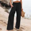 Pantalon féminin Femmes Summer High Waited Cotton Linen Palazzo Ligne large pantalon Pantalon avec Fashion Bottoms Womens Bottoms