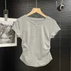 Damen T-Shirt Frauen Sommer sexy T-Shirts solide einfache lässige, weiche schlanke elastische Skinny Crop Tops Plissee Taille Schlampe heißes T-Shirt H240506