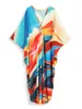 Sexy Bikini Coperture multicolore stampata Abito da spiaggia plus size 2024 Summer V Neck Sust Kaftan Swimsuit Beachwear Copertura Q1634