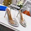 2024 Aquazzura Orange Crystal Stiletto Sandales embelli 105 mm Clear PVC Open Toe Cross Chaussures Designer de luxe pour femmes Sandales de luxe de luxe pour femmes chaussures de soirée 021