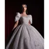 Shining Dresses Luxurious Sleeves Wedding Ball Square Short Beading Applicant Layered Stain Tulle Chapel Gown Custom Made Bridal Dress Vestidos De Novia