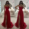 Línea Prom Red Un vestido sexy Satin Spaghetti Evening Elegant Bodice Plises Vestidos formales sin espalda para OCNS Split Split Robe de Soiree es