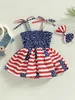 Girl's jurken 4 juli baby babymeisje ruches jurk print korte mouw ruches jumpsuits bodysuits outfit hoofdband h240507