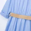 Sukienki swobodne 2024 Niebieska koszulka sukienka kobieta paski w paski długie dla kobiet, obracaj rękaw lato elegancki elegancki