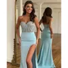 Sky Dresses Prom Elegant Blue Beads Sweetheart Satin Evening Dress Pleats Backless Split Formal Long Special Ocn Party Dress