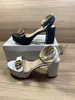 Designerskor Kvinnor Sandaler Formell Sandal Tjock Heeled High Heels 100% Leather Party Dance Shoe Lady Metal Belt Buckle High Heel Woman Shoes Stor storlek 35-42 med låda