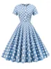 Party Dresses Hepburn Style Vintage Swing Dress Short Sleeve V Neck Cotton Polka Dot Print Robe Pin Up Rockabilly 50s 60s Pleated