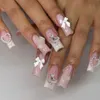 False nagels 24 -stks Franse nepnagels met lijm lange vierkante valse nagels bloemstïne -strass ontwerppers op nagels draagbare kist nagel tips t240507