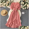 Vestidos casuales básicos para mujeres Summer Midi Vestido francés 2021 dulce manga de cuello en V hojaldre elegante mujer sólida de ropa femenina dhqvr