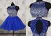 Royal Blue Formal Prom Dress Pleated Mini Homecoming Dresses Short Evening Dresses With Beaded Sequins Crew Collar Knee Length Dre4034531