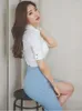 ワークドレスエレガントな韓国のフォーマル2ピース衣装女性ホワイト半袖トップシャツブルースリットスカートセット女性スタイルのビジネス服