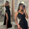 Prom jurk zwarte zeemeermin sexy split gesneden zijkanten formele avond elegante glitter pailletten feestjurken voor speciale ocns riemen belangstiken es jurk